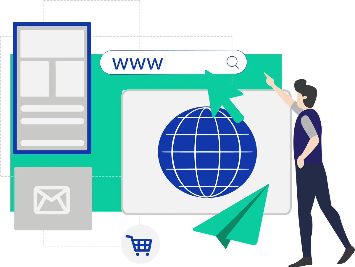 Illustration of a person browsing a website, with a search bar, globe, and cart icons representing domain discovery